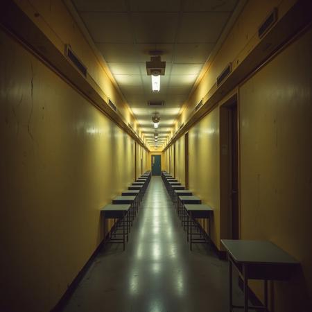 Un couloir interminable, baigné dans une lumière jaune maladive, s’étend dans un silence épais. Les néons bourdonnent faiblement, certains clignotent, projetant des ombres erratiques sur les murs délavés. Les carreaux blancs sont fissurés, tachés de moisissures qui s’étendent comme des veines mortes sous la peinture écaillée. Il n’y a pas de fenêtres. Il n’y a jamais eu de fenêtres.
Les portes des salles de classe sont entrouvertes, mais derrière, il n’y a rien. Rien d’identifiable. Juste des tableaux noirs où des traces de craie semblent s’effacer et réapparaître toutes seules. Des bureaux décalés, certains renversés, comme si quelque chose avait tenté de s’asseoir mais n’avait jamais su comment. L’odeur est atroce : un mélange de bois pourri, de papier brûlé et… quelque chose de plus ancien, de plus profond.
Parfois, au détour d’un couloir, un bruit résonne. Pas un cri. Pas un murmure. Juste… un raclement. Comme si quelque chose traînait sur le sol, lentement, sans jamais s’arrêter. Tu ne peux pas dire d’où ça vient. Ça ne semble pas se rapprocher. Ni s’éloigner.
Il n’y a pas d’horloge. Il n’y a pas d’issue. Juste ce labyrinthe de salles vides, de couloirs sans fin, de portes qui ne mènent nulle part. Un endroit oublié, mais pas abandonné.
Et au loin, un haut-parleur grésille. Une voix artificielle, déformée, déclame une annonce scolaire incompréhensible. Chaque syllabe résonne trop longtemps, comme si l’endroit lui-même refusait de la laisser s’éteindre.
