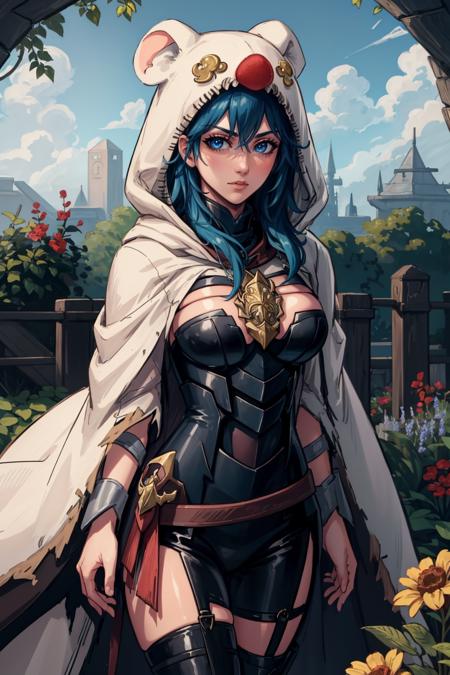 masterpiece, best quality, fembyleth, breastplate, animal hood, white cloak, mooglesuit, blue bodysuit, looking at viewer, confused, garden <lora:mooglesuit-nvwls-v1:0.9> <lora:byleth-nvwls-v2:0.8>