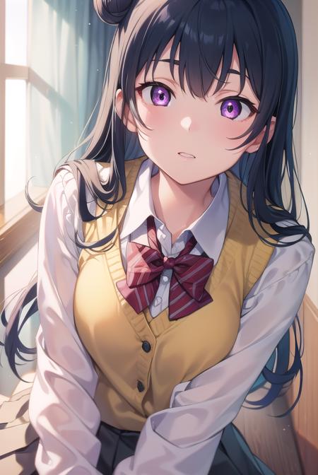 yoshikotsushima, <lyco:yoshikotsushima-lyco-nochekaiser:1>, 
yoshiko tsushima, blue hair, hair bun, (purple eyes:1.1), single side bun, bangs, long hair, (small breast:1.2),
BREAK bow, bowtie, buttons, grey skirt, long sleeves, pleated skirt, school uniform, serafuku, skirt, uranohoshi school uniform, yellow bow, yellow bowtie, sleeveless,
BREAK looking at viewer, 
BREAK indoors, classroom,
BREAK <lyco:GoodHands-beta2:1>, (masterpiece:1.2), best quality, high resolution, unity 8k wallpaper, (illustration:0.8), (beautiful detailed eyes:1.6), extremely detailed face, perfect lighting, extremely detailed CG, (perfect hands, perfect anatomy),