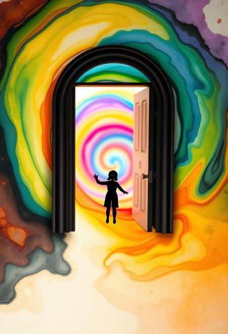 A tiny black-and-white figure opens a door in midair, revealing a swirling tunnel of glowing color that seems to pull them inside.
surreal conceptual photography, black-and-white cut-out figures, painterly watercolor abstraction, dreamlike storytelling, whimsical existential themes, theatrical surrealism, symbolic landscapes, vibrant fluid colors, miniature human interactions, poetic absurdity, introspective yet playful, bold contrasts, emotionally expressive composition, imaginative color flow, surreal visual poetry