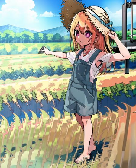 (Ruby child:1.2); fanart; 1girl, solo, red ribbon, farmhand overall,
 from front,  
bare shoulders, bare feet, straw hat, detailed farmstead, farm crops,  bare arms
<lyco:oshinoko_0414_extract32783_convP01_linearP04:1>