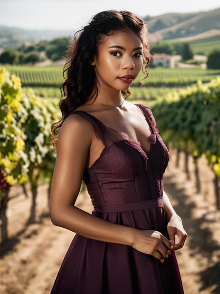 ((Portrait Photography)),cinematic photo professional raw photograph of nia-nacci Dress with a Rouched Bodice,A vineyard with rows and rows of grapevines,close up,  dslr, 8k, 4k, ultrarealistic, realistic, natural skin, textured skin <lora:nia-nacci-xl:1> . 35mm photograph, film, bokeh, professional, 4k, highly detailed