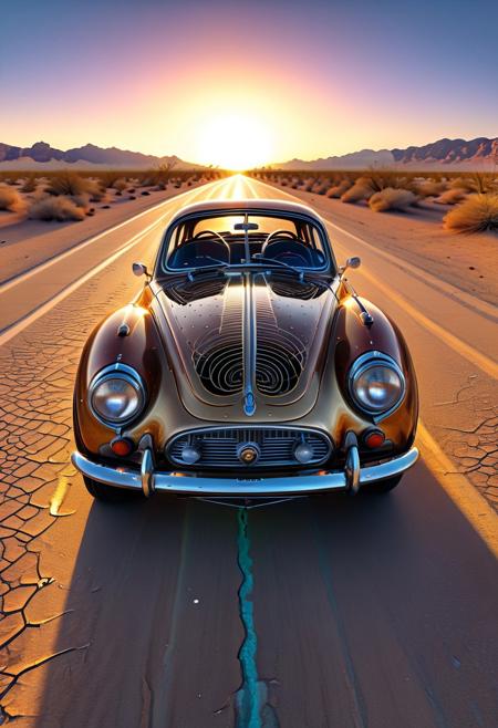 Beneath the golden haze of a setting sun, a vintage sports car roars to life on an abandoned desert highway. Its sleek, aerodynamic body reflects the fiery hues of the sky, while polished chrome details catch every glint of fading light. Captured through a 12mm fisheye lens, the car’s curves are exaggerated, its wide front grille and bulging fenders giving it an almost otherworldly presence. Dust kicks up in spirals as it accelerates, leaving behind echoes of a bygone era when speed and style reigned supreme.