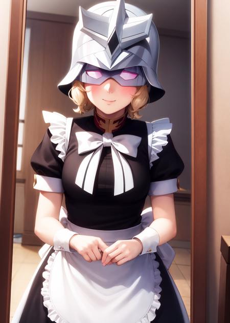 1girl,solo,MXcharmask,maid,maid headdress,maid apron,cube hair ornament, mirror, female pov,hair ornament, standing, blush, upper body,solo,looking at viewer,