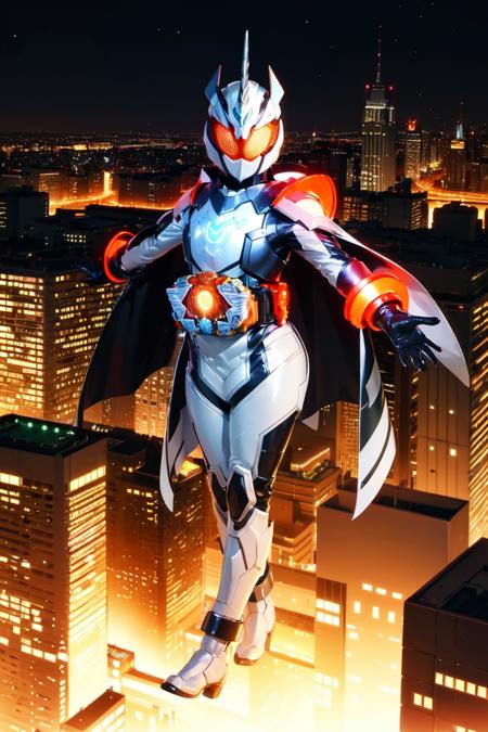 majade, solo, 1girl, mature female, perfect female body, narrow waist,wide hip,gloves, female focus, bodysuit, helmet, glowing eyes, orange eyes,boots, cape,tokusatsu, kamen rider,rider belt,alchemisdriver, horns, armor, unicorn,white ring,pelvic curtain,full body shot,cape,floating,casting magic,telekinesis, ((floating objects)),arm raised, outstretched arms, on rooftop,city background, hdr,bokeh,depth of field,night,   <lora:majade:0.7>