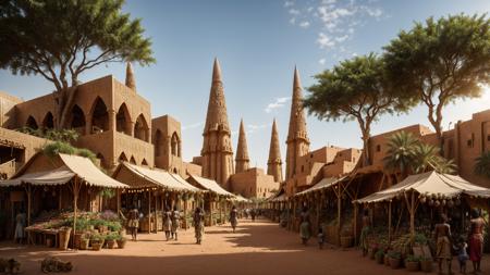 <lora:XSArchi_127:0.3> a photograph of fantasy african tribal cities, ((nubian, villages, family:1.3)), (stone, ethnic engraving), neanderthal and homo sapiens war, oasis, market, lion, majestic apartment, tree house, golden cities, wonderful cinematic, futuristic, scifi, magical, <lora:djzMarketplaceV21:0.2> marketplace style, crowd, people, standing, building, pottery, garden, ((perfect quality)), <lora:add_detail:1>