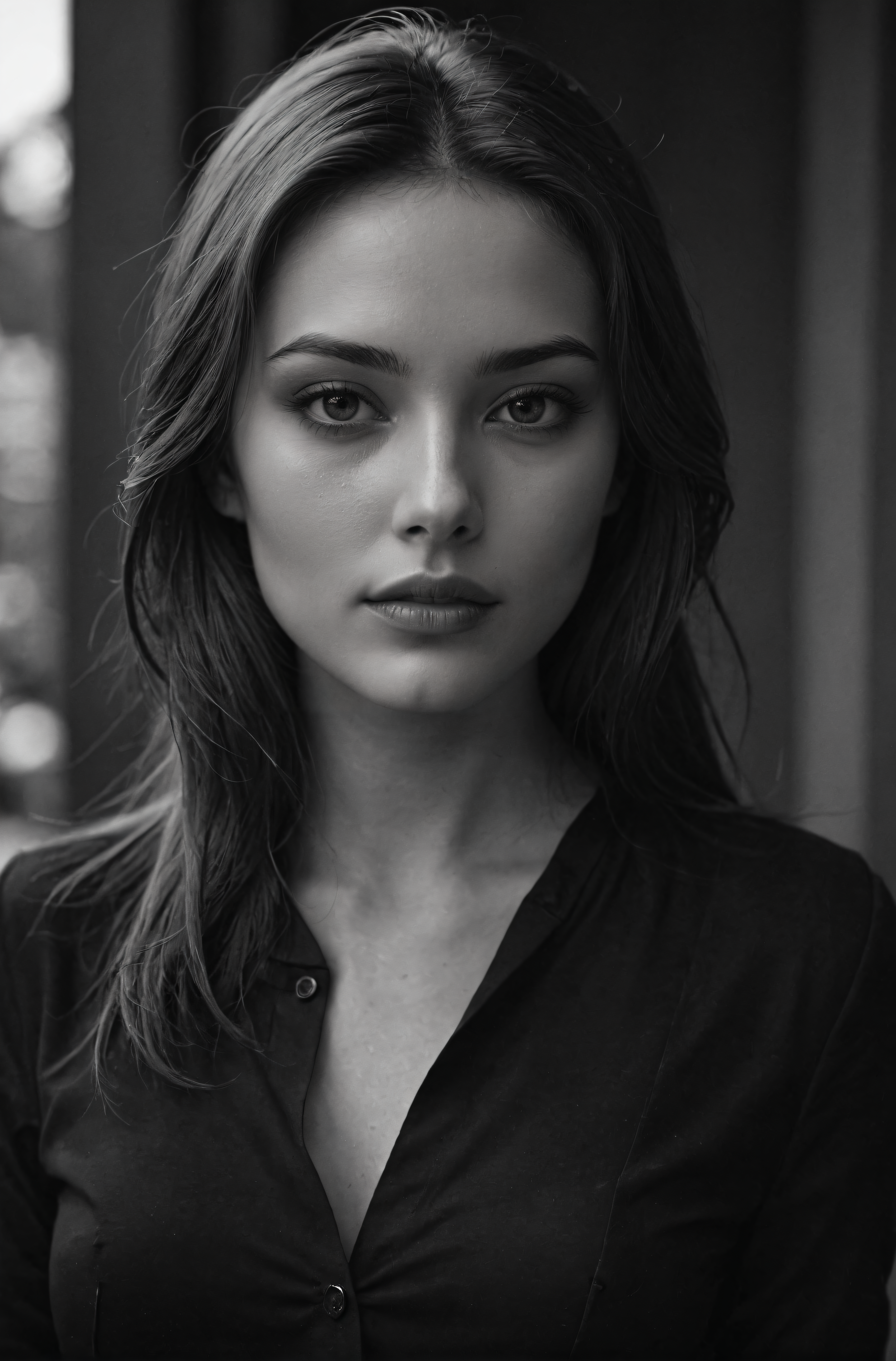 1girl, beautiful, smooth skin, greyscale, noir, black clothes, portrait