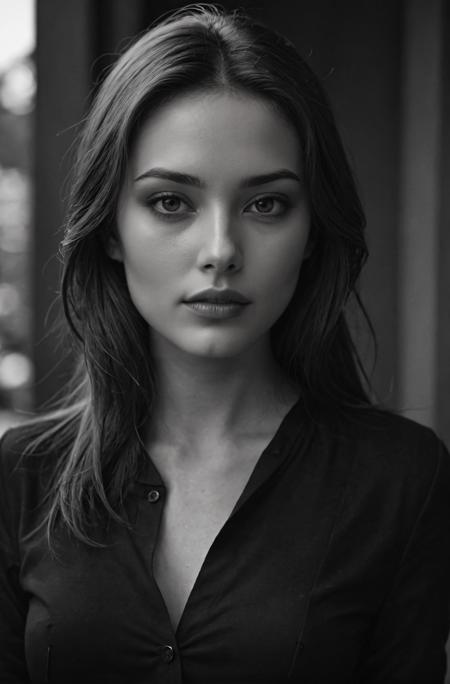 1girl, beautiful, smooth skin, greyscale, noir, black clothes, portrait