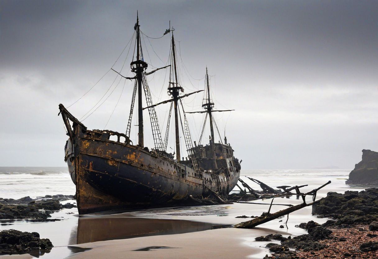 A shipwreck, battered by time and sea, lies stranded on a desolate shore. The skeletal frame of the vessel is a silent testament to the unforgiving nature of the elements. style of Richard Anderson and style of Gris Grimly and style of Norman Ackroyd