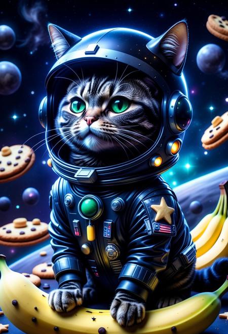 ultrarealistic concept art, an elegant obsidian jade spaceship shaped like a banana piloted by a cat wearing pajamas and a pilot helmet, space background with neon stars shaped like cookies, comically serious sci-fi vibes
