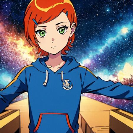 gwentennyson,wears blue hoodie,short hair,hairclip,starry sky,lookind at viewer,space,masterpiece,best quality