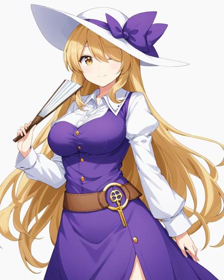 watatsuki no toyohime,1girl, solo, white_background, large_breasts, simple_background, white_headwear, smile, purple_dress, looking_at_viewer, hat_bow, belt, closed_mouth, hair_over_one_eye, purple_bow, side_slit, juliet_sleeves, hand_fan, standing, holding, cowboy_shot
<lora:watatsuki_no_toyohime_image378_2023-12-20:1>,star-shaped_pupils,symbol-shaped_pupils,. gorgeous,key visual, vibrant, studio anime,award-winning, professional, highly detailed,high budget, cinemascope