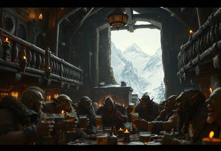 a frame of a 5-second cinematic claymation-style video in a fantasy tavern with ultra-detailed textures and photorealistic lighting. The tavern has multiple levels—three floors with varying heights and wooden balconies. Cold ambient tones dominate, with warm light accents from a central fireplace and scattered candles. An open door at the far end reveals a snowy mountain landscape; snow blows into the tavern, subtly swirling in the air. Inside, orcs (in Warcraft style) are laughing, drinking, and celebrating in a rowdy, festive atmosphere. Shot like a claymation scene with handcrafted character detail and set textures. Simulated full-frame DSLR camera with an 85mm lens at f/1.8, shallow depth of field, ISO 400, 1/100 shutter speed. Natural light with soft post-processing: subtle contrast boost, epic cinematic tone grading, and slight depth haze in background.