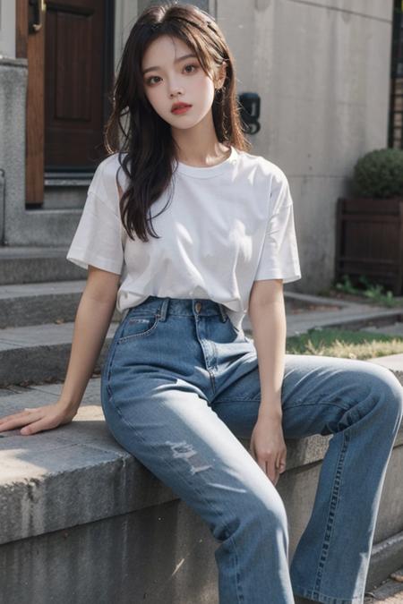 summer ,white shirt,short sleeves,jeans