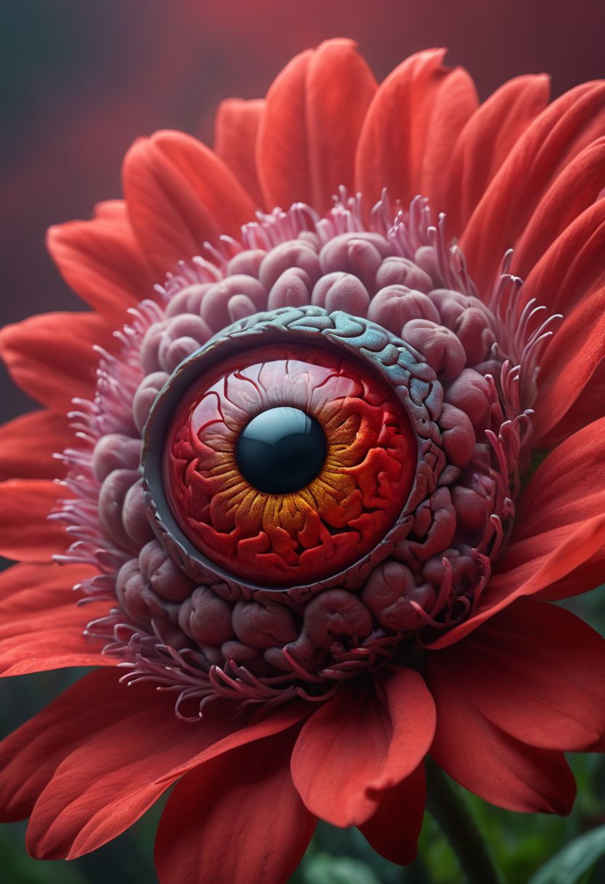 Flower with brain exposed. Large eyes, scenery contained within eyes. Thick red mist. vibrant, photo realism, Masterpiece,...