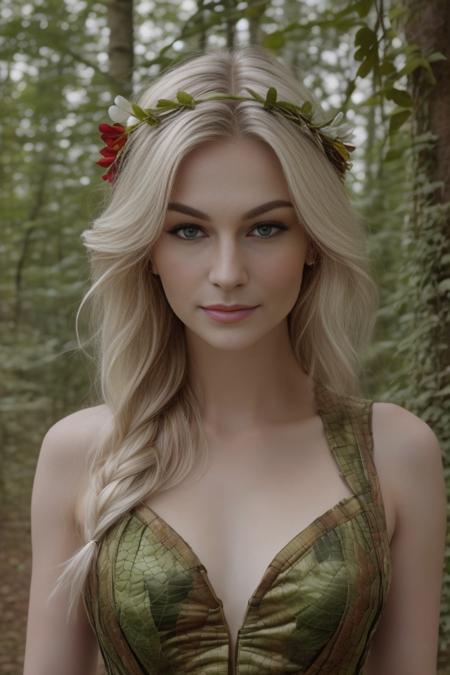 (headshot), Masterpiece, best quality, ((medieval)), (inside a flowering forest), moonlight,  BREAK
((clothes made out of leaves)), flower crown, ((druid)), (fantasy), vines, flowers, ((wearing only leaves, vines, and flowers)), BREAK
colorful leaves and flowers growing from hair, dungeons and dragons, BREAK
long hair, (straight hair),  pale  skin, fair skin, white skin, large breasts, BREAK
<lora:KallMeKris:1>