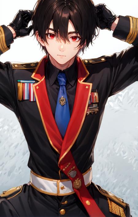 1boy, adjusting_clothes, adjusting_gloves, bangs, black_hair, black_jacket, brown_hair, buttons, closed_mouth, eyebrows_visible_through_hair, gloves, hand_on_own_chest, jacket, long_sleeves, looking_at_viewer, male_focus, military, military_uniform, necktie, red_eyes, shirt, short_hair, simple_background, solo, uniform, upper_body, white_background, white_gloves <lora:style_shirabii:1>