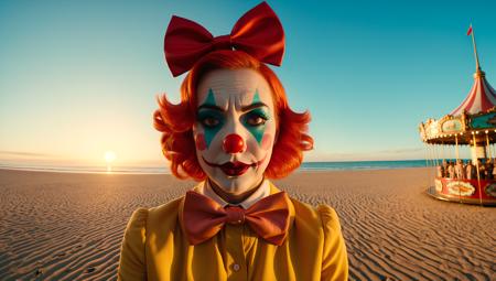 Symmetrical frame, fisheye lens distortion, high-contrast color palette, warm golden hour light, soft focus, subtle barrel distortion, woman clown, heavily pancaked makeup, vibrant red nose, oversized bow tie, melancholic expression, isolated in frame, dramatic shadows, cinematic still, long lens compression, subtle camera shake, Dutch angle, Arri Alexa capture, 2.35:1 aspect ratio, 24fps frame rate, inspired by the quirky visual style of Wes Anderson, set in a worn, vintage carousel on a deserted beach at sunset, muted pastel colors, nostalgic atmosphere.,