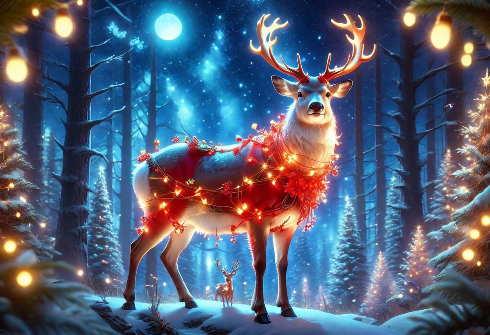 A Christmas-themed deer with antlers and lights on its neck standing in the snow.