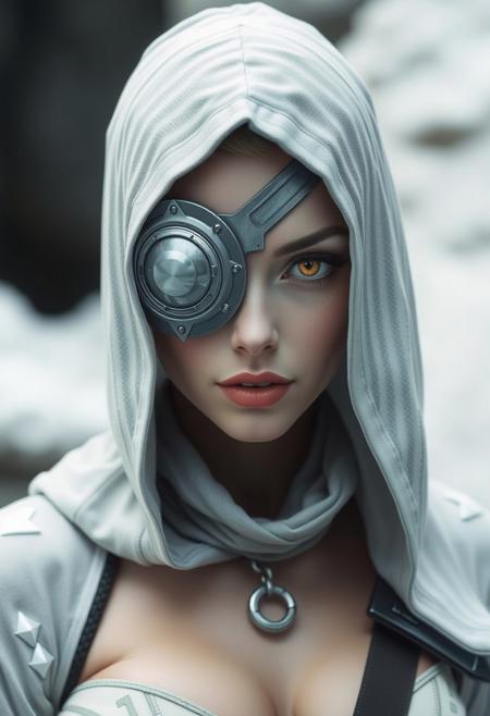 Cressa Tal, grineer, woman, pale, white and grey clothes, white clothes with grey pattern, grineer eye patch,metal eye cover, one eye covered,  grey grineer eye patch, cloth hood, Cressa Tal hood, orange iris, black eyes with orange iris, blue lipstick,skimpy,