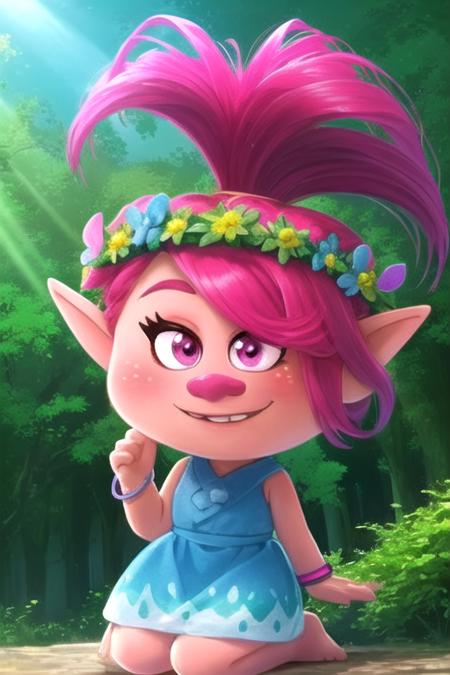 QueenPoppy,pink hair, ponytail, pink eyes,pointy ears, solo,  happy,  cowboy shot,  chibi, 
QPdre,bracelet,hair flower ,head wreath,dress,barefoot ,
forest, sunshine, rainbows, 
  (insanely detailed, beautiful detailed face, masterpiece, best quality)   <lora:QueenPoppy-10:0.7>