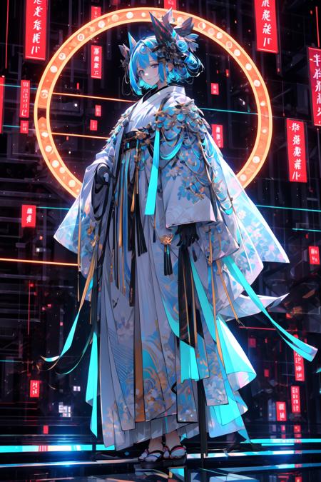 <lora:C_projection_holographic_display:1>, virtual youtuber, solo, 1boy, male focus, gloves, full body, multicolored hair, blue hair, blonde hair, looking at viewer, japanese clothes, white background, aqua eyes, streaked hair, smile, straight-on, tabi, simple background, hakama, short hair, standing, jacket, tachi-e, jewelry, sandals, closed mouth, official alternate costume, bangs, kimono, black gloves, gradient clothes, long sleeves, capelet, tassel, alternate costume