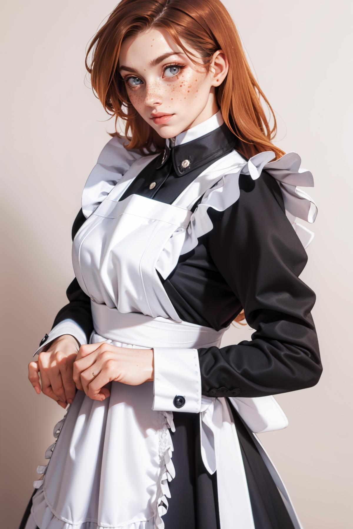A woman in a maid uniform posing for the camera.