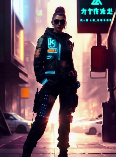 modelshoot style, (extremely detailed 8k wallpaper), block paint depicting a character in a cyberpunk street, posed character design study, backlit, light rays, highly detailed, trending on artstation