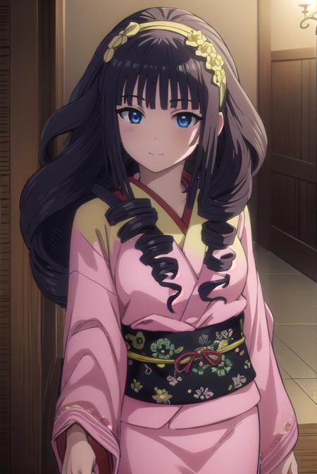 miori shiba, long hair, black hair, hair ornament, (black eyes:1.3), hairband, drill hair, japanese clothes, kimono,