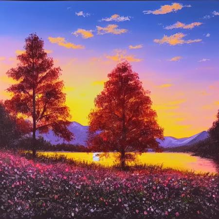 mountain, river, tree, flower, sunset,     <lora:dp (1):1>