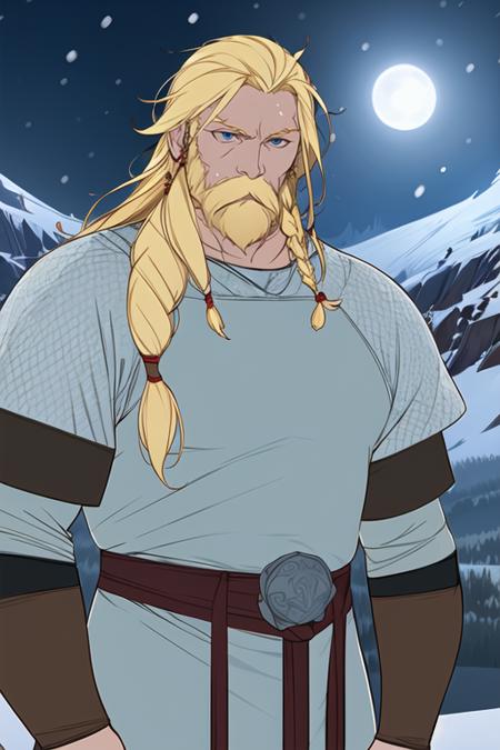 1boy, muscular, full armor, blonde hair, braid, viking, upper body, moonlight, snowing, night, snowfield, mountains, best quality, <lora:bannersaga:0.8>