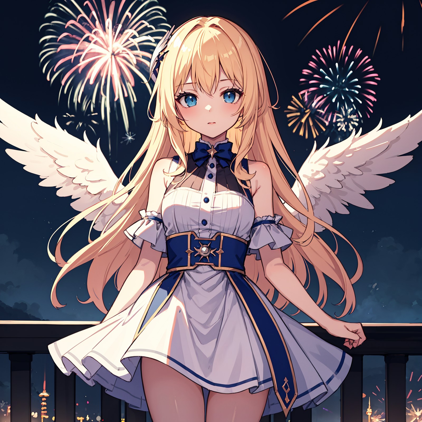 a 1girl with angel wings and a clock in the background with fireworks and stars around her, and a clock in the middle of t...