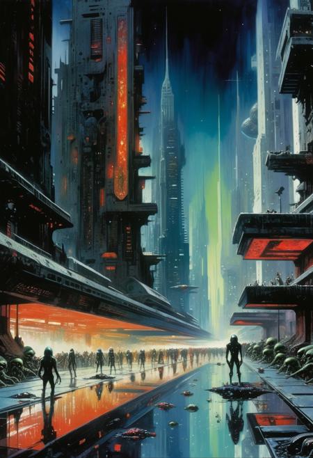 first person view, crowd, (John Berkey Style page, John Harris Style page, John Blanche Style page) painting
(((The scene of a massacre)))
(absurdist grotesque hyper brutalist alien city:1.4), alien creatures,(colours/black/white), patterns, corpses, textures, dark night, (bokeh), complex background, intricate details, dynamic, clashing colours, glow, source light, intricate detail, Suthin tones, hyperdetailed, reflections, muted colors, <lora:add-detaill-xl:1>