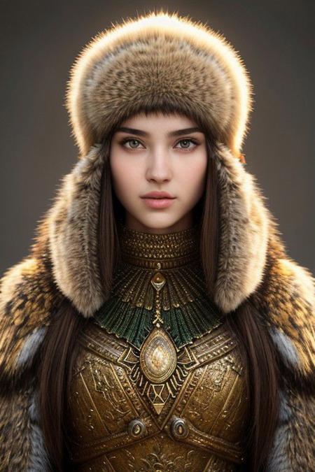 Turkish  steppe Warrior   girl  wear turkish fur caps , beatiful  face ,  ,symmetrical eyes, upperbody , 
ultra realistic 8k cg, picture-perfect face, perfect breast ,flawless, clean, masterpiece, professional artwork, famous artwork, cinematic lighting, cinematic ,  random hairstyle generate ,  generate random nationalty
