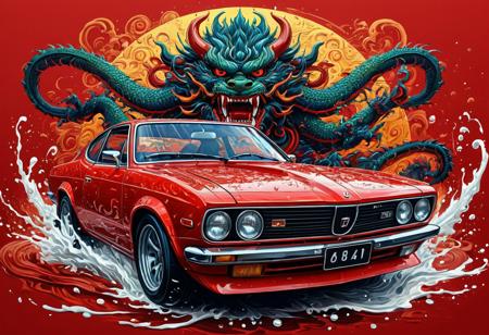 Finely detailed vector illustration, classical sports car, japanese oni, symbiosis, ultra realistic quality, circle symbol, red background, hyperdetailed, intricately detailed,  triadic colors,fantastical,intricate detail,splash screen,complementary colors, fantasy concept art, 8k resolution, masterpiece, oil painting, thick strokes, rich strokes, running drops,