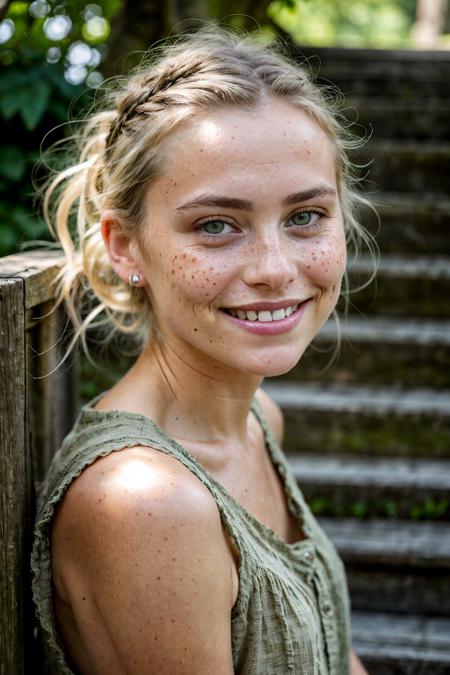 RAW photo, photorealistic portrait of a young woman in her early 20s with sparkling green eyes and slightly messy blonde hair tied back loosely, tiny freckles across her nose. She's wearing a simple dark green linen shirt, sitting on old wooden steps outdoors, perhaps leaning against a weathered wall. Soft, overcast daylight illuminates her face naturally. A gentle, thoughtful smile. Shallow depth of field, background softly blurred showing hints of green foliage. 8k uhd, dslr, high quality, detailed skin texture, subtle imperfections, film grain, Canon EOS R5 look.