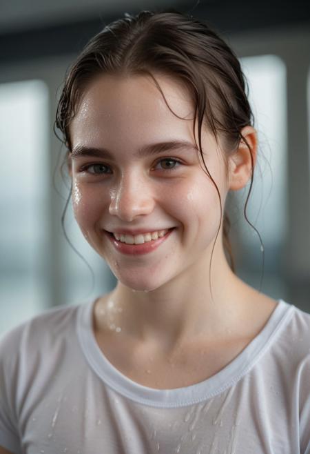 RAW photo, a close up portrait photo, 1girl, wearing a white wet t-shirt, standing, pale skin, wet, innocent smile, ((detailed face)), (detailed skin), intricate details, shallow depth of field, [volumetric fog], cinematic lighting, reflections, photographed on a Canon EOS R5, wide lens, F/2.8, HDR, 8k resolution, smiling, <lora:bralessv2:.5> <lora:more_details:1>