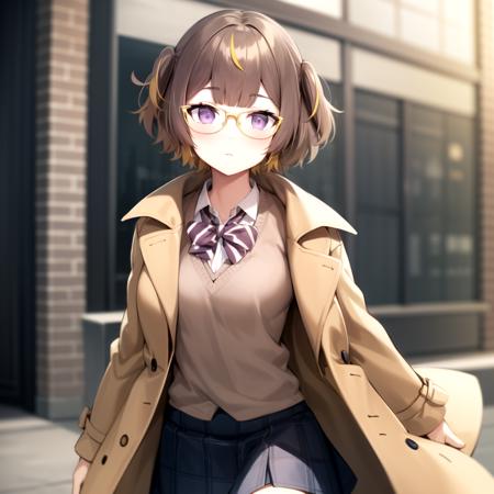 2d, masterpiece, best quality, anime, highly detailed face, highly detailed eyes, highly detailed background, perfect lighting, cowboy shot, 1girl, solo, anya melfissa, short hair, glasses, shirt, coat, skirt <lora:anya-melfissa-07:1>