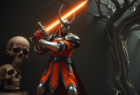 Cinematic fantasy scene.  Mystical Knight of Jackal costume, vibrant orange with red cross emblem, wielding a gleaming white sword. Dynamic pose, creative angle. Stands against a dark wall with an ancient skull (left) and gnarled tree (right). Impeccable composition, golden ratio. Hyperrealistic details on armor, intricate textures, sharp focus, precision rendering. Dramatic lighting creating deep contrast, vibrant colors, harmonious palette. Trending on Artstation, CGSociety. Octane render, Unreal Engine 5, 4K.