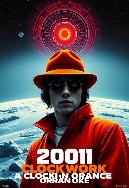 “Design a movie poster that merges the dystopian, rebellious aesthetic of A Clockwork Orange with the futuristic, cosmic grandeur of 2001: A Space Odyssey. The poster should feature bold, contrasting imagery: Alex, the main character of A Clockwork Orange, wearing his signature bowler hat and eye makeup, standing against a backdrop of a cold, infinite space, with the HAL 9000 red eye glowing ominously in the distance. Incorporate elements of futuristic technology and Kubrick’s geometric, minimalist style from 2001, with an unsettling, surreal atmosphere that matches the themes of psychological control from A Clockwork Orange. Use a mix of warm oranges and deep blacks from Clockwork Orange and the clean whites and blues from 2001. Title placement should be bold and cinematic, fusing the typography styles of both films.”