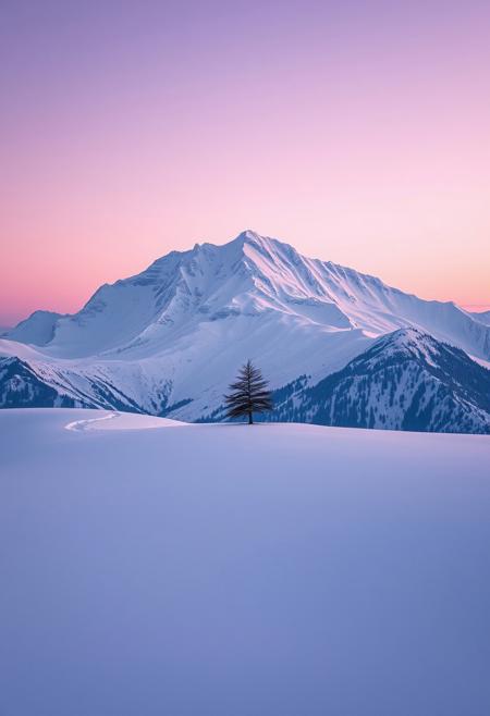 a snow covered mountain with a lone tree in the foreground, keisuke goto, gradient light purple, leading to a beautiful, sparse, carpathian mountains, awarded winning photo, beautiful avatar pictures, pink hues, gentle shadowing, in a desolate, images, <lora:Landscapes_II:0.8>aaa