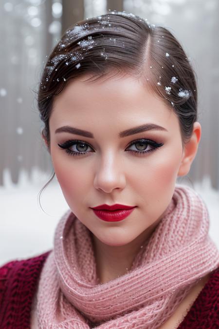 a photo of a woman, madalinap-1150:0.99, ((pale skin)), short hair,((scarf, sweater)), ((closeup, portrait)),((outdoors, snow, forest):1.2),,((red lipstick, eyeliner, eye shadow, blush):1.2), ((best quality, masterpiece, extreme details, high resolution):1.2),((detailed eyes, beautiful eyes, detailed face, beautiful face):1.2)