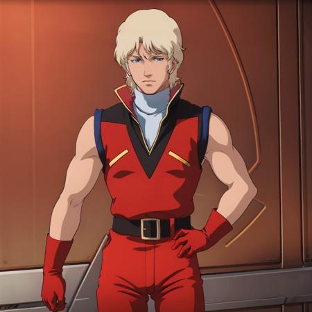 masterpiece,high quality,solo,
<lora:quattrovageena001:0.7>,
quattrovageena,1man,
blonde hair,blue eyes,
turtleneck,uniform,jacket,sleeveless,red gloves,
belt,red pants,