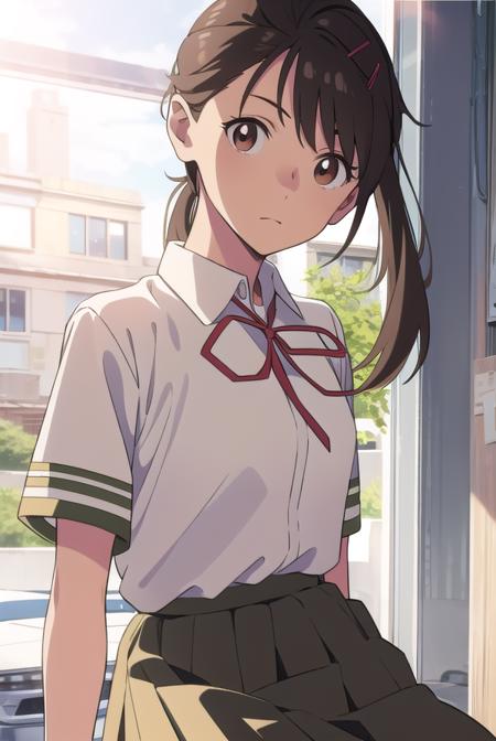 suzumeiwato, <lora:suzumeiwato-lora-nochekaiser:1>,
suzume iwato, black hair, (brown eyes:1.5), ponytail, hairclip, hair clip, hair pin,
BREAK skirt, shirt, ribbon, brown eyes, school uniform, white shirt, short sleeves, pleated skirt, collared shirt, red ribbon, neck ribbon, green skirt,,
BREAK looking at viewer,
BREAK indoors, classroom,
BREAK <lyco:GoodHands-beta2:1>, (masterpiece:1.2), best quality, high resolution, unity 8k wallpaper, (illustration:0.8), (beautiful detailed eyes:1.6), extremely detailed face, perfect lighting, extremely detailed CG, (perfect hands, perfect anatomy),