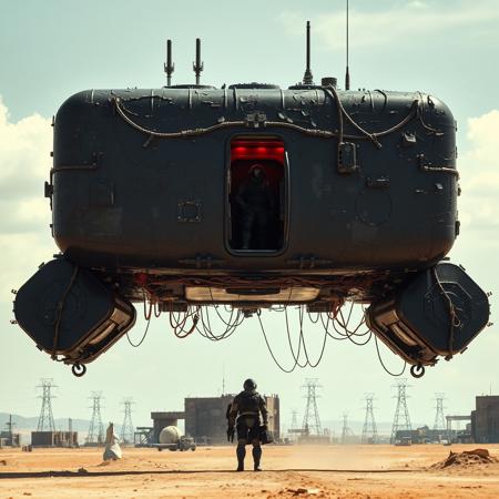 ultra high resolution, masterpiece, best quality, large rectangular glossy black spacecraft with an extremely rough textured surface hovering low to the ground, underneath the spacecraft are cables hoses and wires, antennas on top, cables hanging from below, rectangular in shape, futuristic world, post apocalyptic landscape, ((low concrete buildings:1.3)) anti gravity, in the atmosphere, sky, clouds, ground visible, hovering, dry, ((dusty)), bleak landscape, parched, bright noon sunlight, square shapes, bleached colors, destroyed industrial buildings, powerlines and towers, concrete foundations, open entrance hatch on spaceship, soldier in dark armored spacesuit, helmet, standing in the well lit entrance, red light inside ship