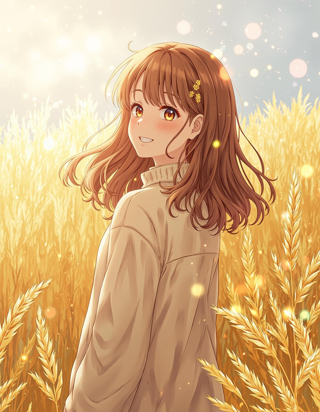 Youthful Smile in Golden Fields, digital art, young woman, brown hair, hazel eyes, big smile, wheat field, sunny, backlighting, bokeh, fluffy hair, casual clothing, turtleneck sweater, ambient lighting, warm tones, daytime, outdoors, serene, illustration, anime style.