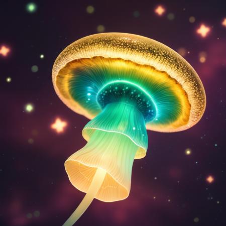 intricate detailing,photorealism,hyperrealistic, glowing jellyfish mushroom ,flying, starry sky, bokeh, golden ratio composition