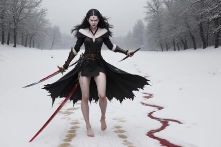 in anger I rise, let my tears dry as my swords drink your blood!
1woman, barefoot in the snow, snarl, slender swords, torn black dress, bloody footprints, dynamic, looking at viewer, sharp fangs, green eyes, golden pupils, blood in the snow
