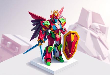 Stylized graphic illustration in Grammer Effect and Splash Ink styles, focusing on a Cyber Angel Natasha robot as the main subject. The robot, a complex and vibrant entity of red, blue, green, and yellow, is positioned centrally, standing on a white surface. It holds a sword in its right hand and a shield in its left, depicted with graphic boldness. A crown is clearly visible on its head. The background features the geometric and complex shapes of Fortissimo the Mobile Fortress, rendered with a unique Houdini-style approach, creating a striking and attractive contrast. The composition is isometric and impeccable, with a creative angle and intentional focus on the robot. The colors are stunning and harmonious, presented in a multi-colored, contemporary aesthetic. The overall piece is high-quality and trending on ArtstationHQ, utilizing the Golden Ratio for visual balance. No discernible texts or other objects are included, allowing the focus to remain solely on the stylized robot and its dramatic background.