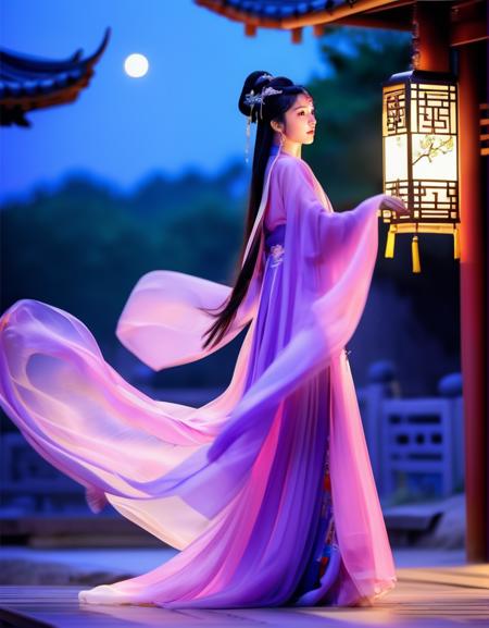 (masterpiece, high detail, best quality), 1girl, black hair, chinese clothes, dancing, night, moon light, dress, earrings, long hair, hair ornament, long sleeves, hair stick, looking at viewer, hanfu,light purple clothes, see-through, solo, outdoors, jewelry, realistic, nail polish, nature, shawl, nature, from side, side view, realistic, ultra realistic, high detail, mysterious, bokeh
 <lora:offset_0.2:1>